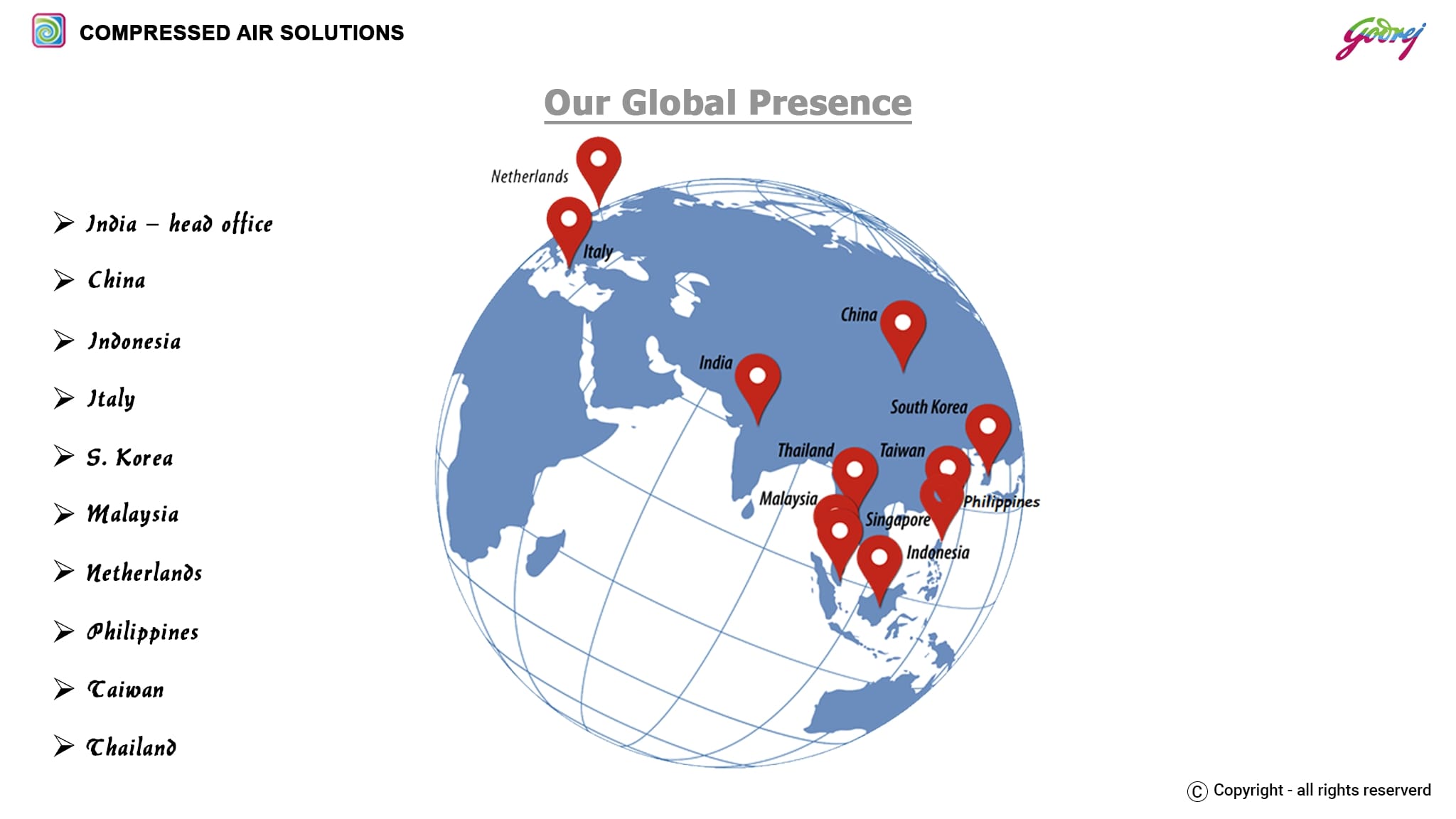 Our Global Presence-ENERGY SAVING SOLUTIONS IN COMPRESSED AIR NETWORK (GODREJ)
