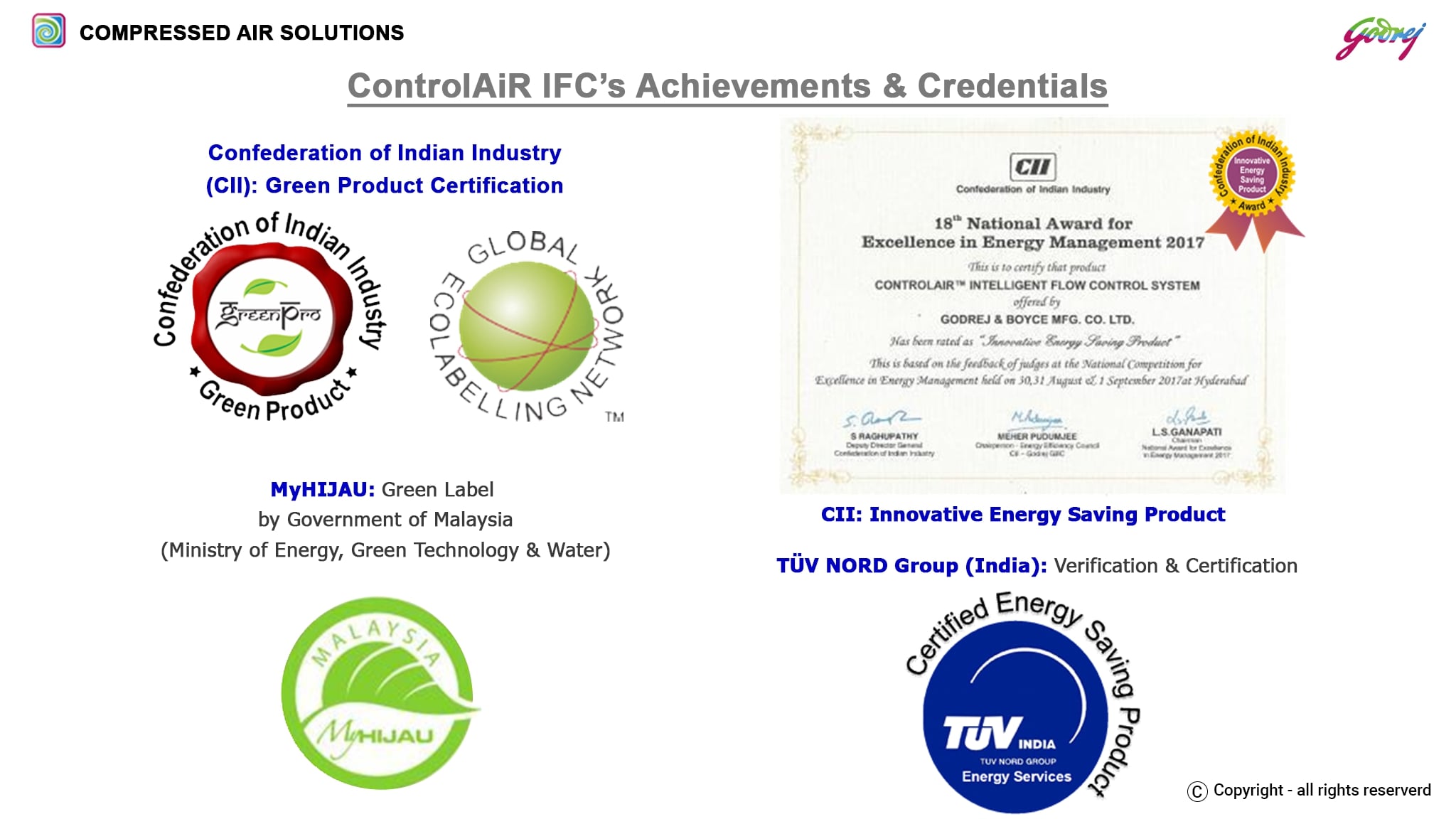 ControlAiR IFC’s Achievements & Credentials- ENERGY SAVING SOLUTIONS IN COMPRESSED AIR NETWORK (GODREJ)